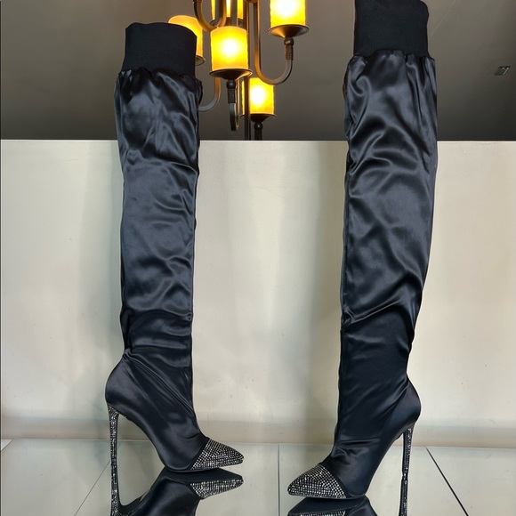 Shoes - Black Satin Rhinestone Embellished Over the Knee Boots
